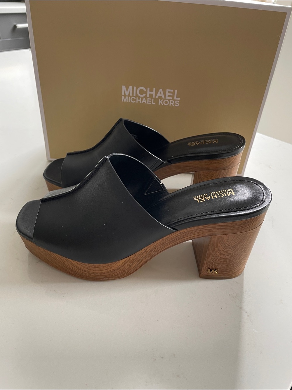 Michael Kors Black Aldrich Leather Slide Mules with Wood-Effect Platform